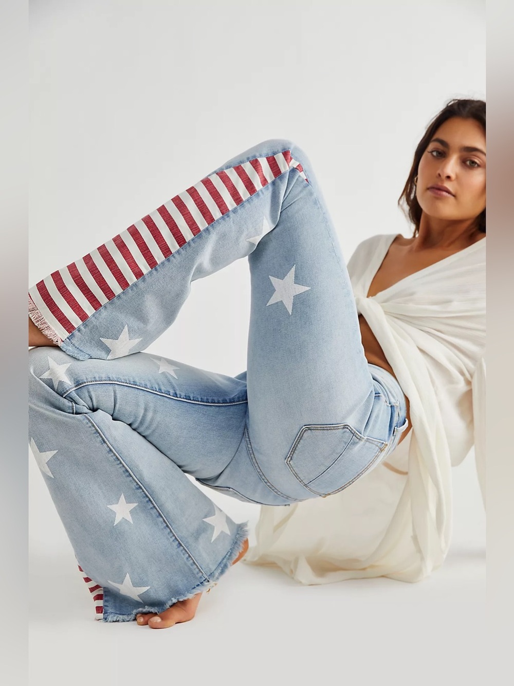 Driftwood x Free People Farrah Printed American Flag USA Flare Jeans Size 31